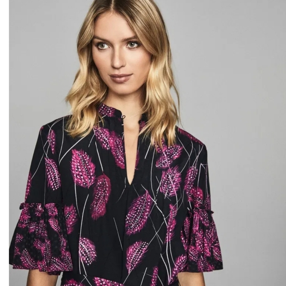 Reiss Black Dress with Pink Leaf Print Midi - Picture 3 of 16